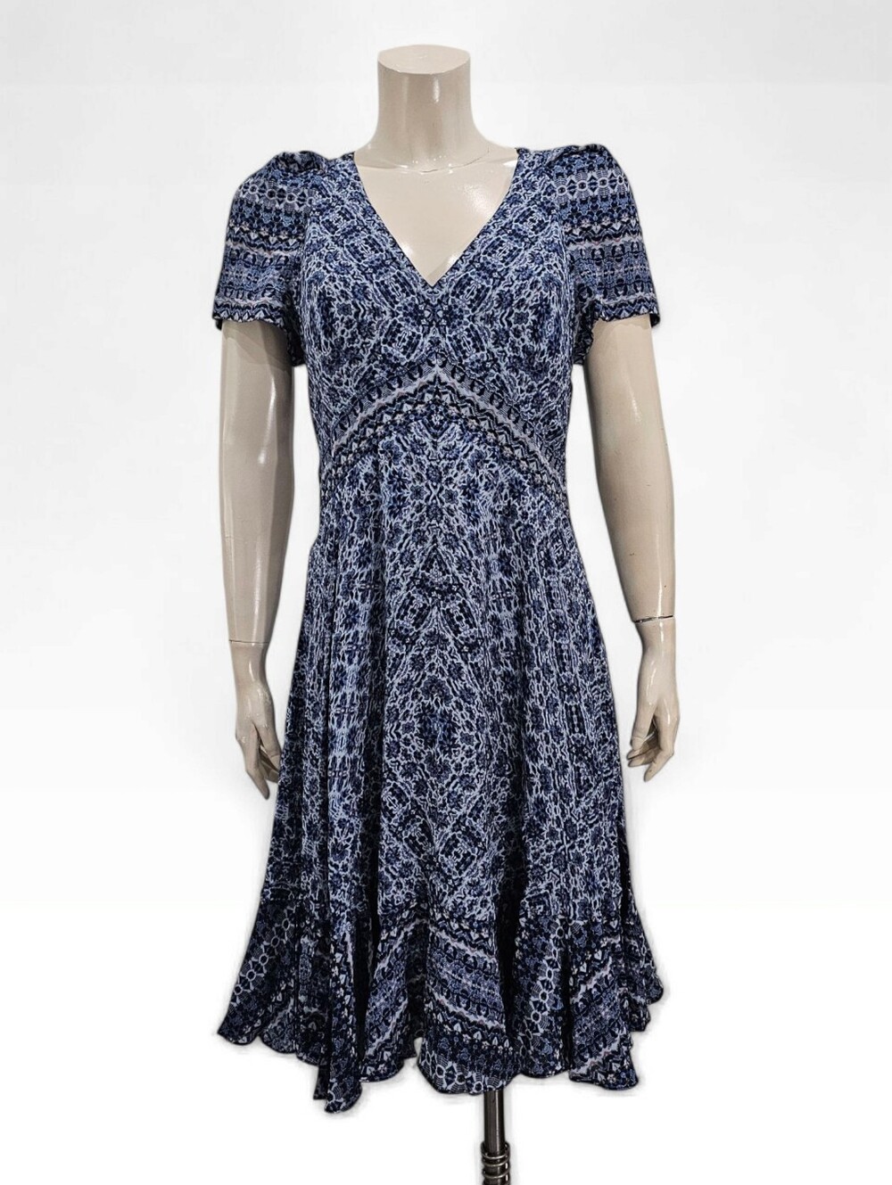 REBECCA TAYLOR Blue Silk Printed A-Line V-Neck Flirty Dress Size 8